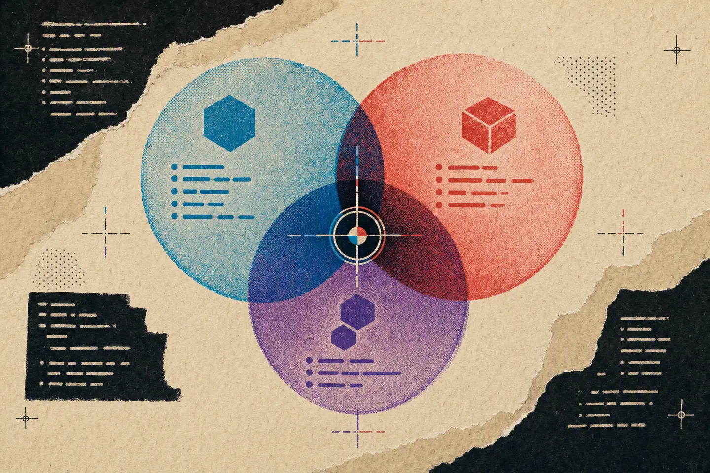 Three cyan, vermilion, and violet risograph parser plates overlap at a central registration target.